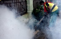Halaman rumah dan saluran air disemprotkan asap mengandung obat pembasmi nyamuk tersebut. Lamhot Aritonang/detikFoto.