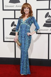 Kathy Griffin memilih gaun biru bermotif kulit ular berwarna biru. REUTERS/Danny Moloshok.