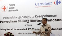 Ketua Umum PMI Jusuf Kalla saat menyampaikan beberapa sambutan di acara penandatanganan MOU kerjasama penyediaan barang batuan bencana secara cepat dan berkualitas.