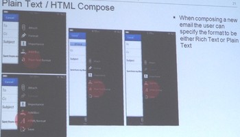BlackBerry juga memberikan pilihan dalam pengiriman email, baik menggunakan format plain text maupun rich text dengan HTML.