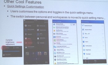 Dalam paparannya, BlackBerry juga menjelaskan sejumlah fitur menarik lainnya yang memudahkan untuk perpindahan dari mode personal ke mode workspace. Fitur ini khusus untuk pengguna BlackBerry Enterprise Service 10.