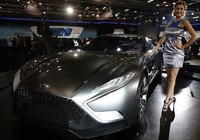 Seorang model berpose di samping mobil konsep Hyundai HND-9 Venace di Indian Auto Expo. Pameran ini digelar di Greater Noida di New Delhi. Reuters/Adnan Abidi.