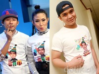 Denny 'Cagur', Ayu Dewi dan Billy Syahputra juga mengenakan kaus 'Happy Birthday Raffi'. Gus Mun/detikHOT.