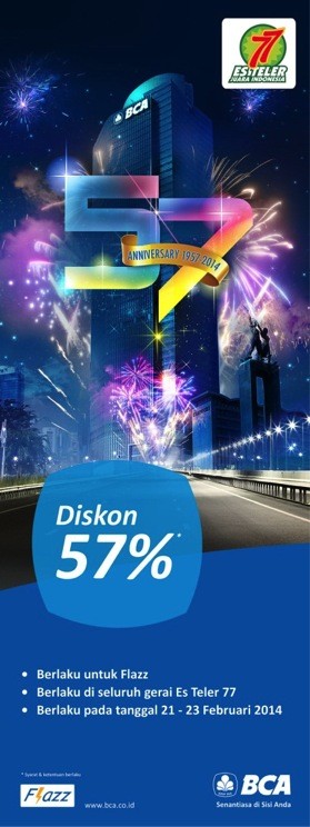 HUT BCA : Dapatkan Diskon 57% di Es Teler 77 dengan Flazz!