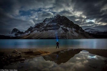Pemandangan padang gurun dan danau di sekitarnya, Zizka meletakkan kamera dengan mengatur waktu kemudian bergaya di tengah frame. Dan kamera pun memotret sendirinya. (kredit foto: Zizka.ca)