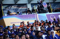 Ketum Partai NasDem Surya Paloh memimpin apel siaga Partai NasDem yang digelar di Gelora Bung Karno, Jakarta.