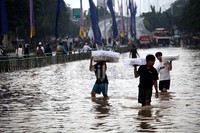 Banjir ini disebabkan oleh hujan yang turun sejak Jumat (21/02/2014) malam, yang menyebabkan meluapnya sungai Ciliwung.