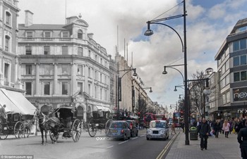    Lalu lintas masa lalu dengan kereta kuda dipadukan suasana masa kini dengan mobil dan bus yang terlihat di Oxford Street. (kredit foto: streetmuseum)