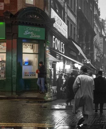 Salah satu sudut di Charing Cross Road masa lalu dan masa kini. (kredit foto: streetmuseum)     