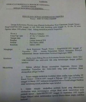 Beredar Surat Rekomendasi Pemecatan Prabowo dari TNI