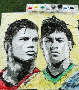 Seniman China Bikin Lukisan Potret Ronaldo, Messi, dan Neymar di Kanvas Raksasa