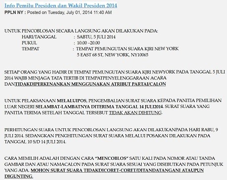 PPLN New York Juga Instruksikan Coblos Satu Kali