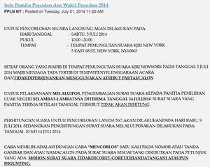 PPLN New York Juga Instruksikan Coblos Satu Kali