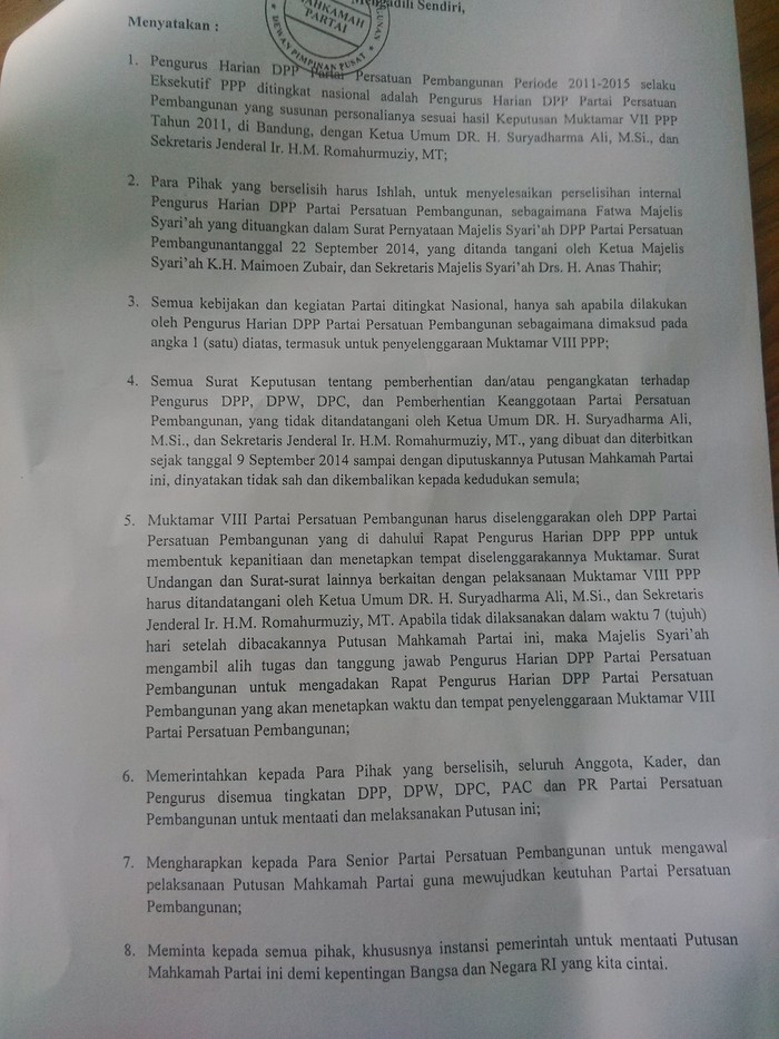 Putusan Mahkamah PPP: Muktamar Suryadharma dan Romi Tidak Sah!