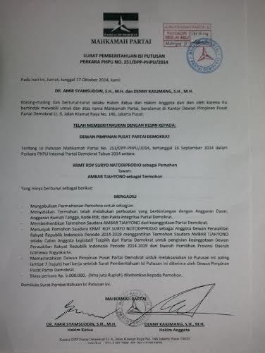 Waketum PD: Putusan Final di Tangan SBY, Bukan di Mahkamah Partai
