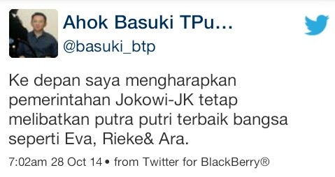 Ahok Berkicau Minta Jokowi-JK Rangkul Eva, Ara dan Rieke untuk Pemerintahan