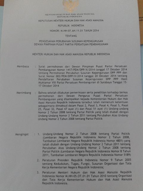 PPP Kubu Romi Kantongi Surat Pengesahan dari Kemenkum HAM