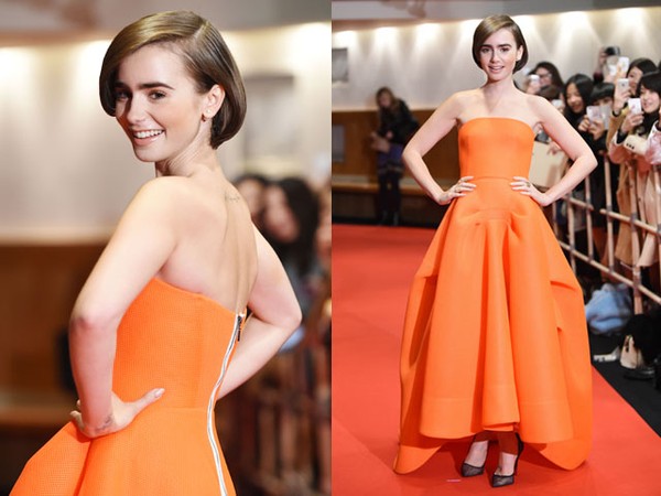 Orange is the New Black! Lily Collins Cantik Bergaun Oranye