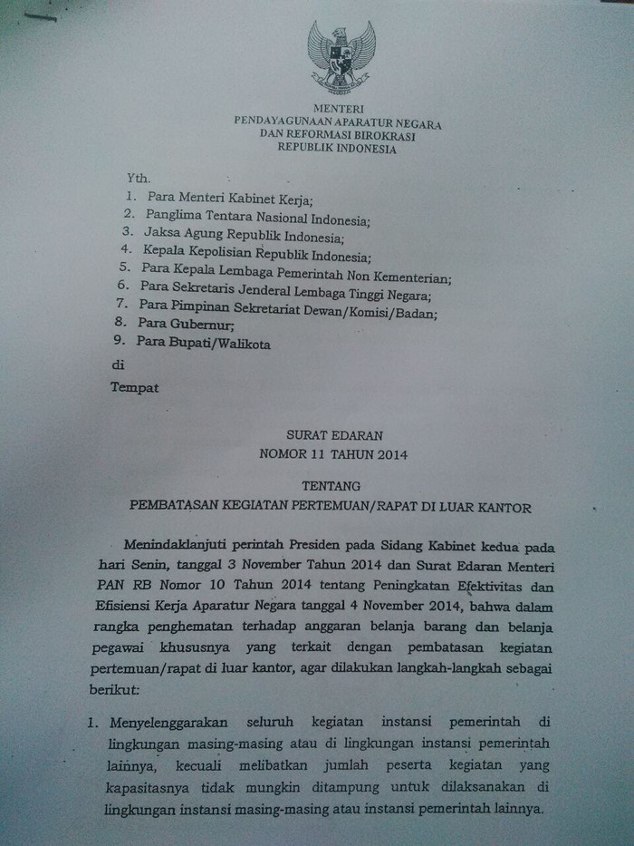 Ini Isi Lengkap Surat Edaran Pembatasan Pns Rapat Di Luar Kantor