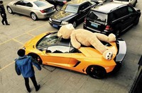 Boneka itu dipasang terlentang di atas mobil.