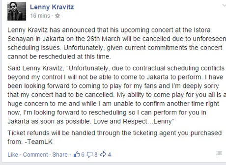 Batal Konser, Lenny Kravitz Minta Maaf