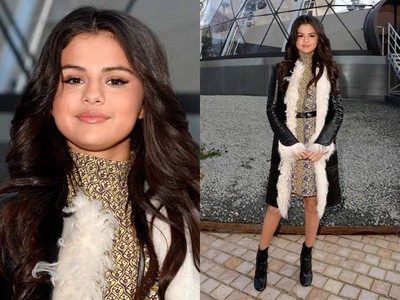 Selena Gomez Stylish Berjaket Bulu di Paris Fashion Week