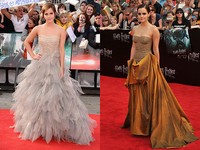 Emma tampil dibalut gaun yang dramatis di premiere film 'Harry Potter And The Deathly Hallows: Part 2' di London dan New York pada Juli 2011. (Ian Gavan/Getty Images; Stephen Lovekin/Getty Images)