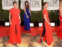 Emma tampil dalam balutan busana merah menyala saat hadiri acara Golden Globe Awards ke-71 di Beverly Hills, California pada 12 Januari 2014.(Jason Merritt/Getty Images)