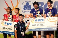     Direktur BCA, Armand W Hartono, menyerahkan giant cheque senilai USD 63,200 kepada juara pertama Indonesia Open kategori Ganda Putri Tang Jinhua dan Tian Qing.