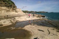 Bagian kiri Pantai Pacitan yang berbatu dan berbukit. Pengunjung dapat mencapainya dengan terlebih dulu melewwati tangga di sisi kiri pantai yang telah disediakan (Randy/detikTravel)