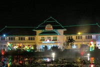 Kolam teratai di Tugu Bundaran asyik dinikmati siang dan malam. Pada malam hari, kolam ini makin cantik dengan sorot lampu berlatar Balaikota Malang (Fitraya/detikTravel)
