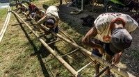 Sebelum memanen, pengunduh sarang walet membuat tangga bambu yang akan digunakan untuk mengambil sarang walet.