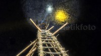 Dibantu lampu senter dan sebilah bambu, seorang pengunduh mulai mengambil sarang-sarang walet. Kegiatan ini biasanya paling lama dilakukan sekitar empat hari mulai dari persiapan membuat jalan hingga memanen.