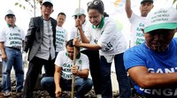 Usai memungut sampah, Rini kemudian bergegas ke area penanaman pohon. Di sini, Rini menanam pohon untuk program penghijauan.
