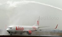 Water cannon langsung menyemprotkan air ke badan pesawat.
