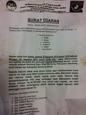 Ini Surat Sakti yang Bikin Pedagang Daging Ayam di Bandung Mogok