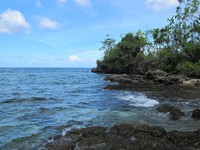 Tepat di bawahnya, ada Pantai Totambatu yang kurang cocok untuk berenang karena banyak karangnya. Hanya indah dipandang saja (Shafa/detikTravel)