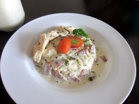 Carbonara rice adalah salah satu menu terbaru Ground Up Delicatessen. Menu ini berupa nasi dengan irisan daging asap yang diberi topping dada ayam panggang. Nasi ini terendam saus carbonara yang lembut gurih. Nyam!