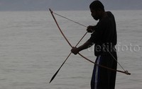 Seorang warga menangkap ikan dengan cara dipanah.