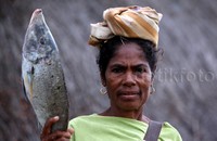 Seorang ibu membeli ikan laut yang dijual nelayan.