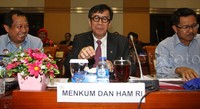 Menteri Hukum dan HAM Yasonna Laoly bersama jajarannya mengikuti Rapat Kerja dengan Komisi III DPR. Lamhot Aritonang/detikFoto.