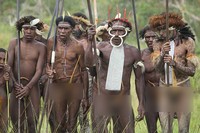 Para pemuda Kampung Anemaugi di Wamena yang melakukan tarian perang. Dahulu tradisi tersebut dilakukan untuk merebut lahan atau untuk membalas dendam pada pemuda kampung lain apabila terjadi perselisihan (Randy/detikTravel)