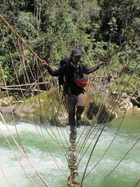 Untuk melewati jembatan Mantimu, para pendaki harus berjalan satu per satu. Tidak bisa sekaligus, sebab dikhawatirkan rotannya tidak kuat menampung beban (Afif/detikTravel)