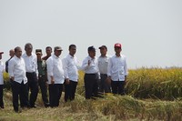 Menteri Pertanian Amran Sulaiman mendampingi Presiden RI Joko Widodo di lahan sawah padi lokasi panen raya di Desa Cikarang, Kecamatan Cilamaya Wetan, Kabupaten Karawang, Minggu (27/9)