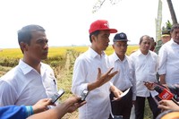 Menteri Pertanian Amran Sulaiman mendampingi Presiden RI Joko Widodo berbincang dengan para media usai melakukan panen raya, di Desa Cikarang, Kecamatan Cilamaya Wetan, Kabupaten Karawang, Minggu (27/9)