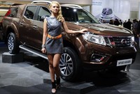 Model ini terlihat cantik dengan mobil tangguh Nissan Navara. Ist/Newspress.