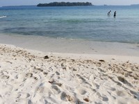 Pasir di pulau ini warna putih dan halus. Ombaknya tidak terlalu besar, air laut di sekitarnya juga jernih dan mengundang untuk berenang (Kurnia/detikTravel)