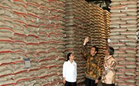 Presiden Jokowi didampingi Direktur Utama Bulog Djarot Kusumayakti dan Menteri BUMN Rini Sumarno meninjau gudang Bulog.