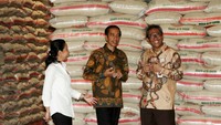 Presiden Jokowi berbincang dengan Direktur Utama Bulog Djarot Kusumayakti dan Menteri BUMN Rini Sumarno saat meninjau gudang Bulog.