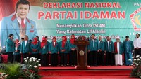 Ketum Partai Islam Damai Aman (Idaman) Rhoma Irama menyerukan kepada seluruh kadernya untuk senantiasa mengedepankan perdamaian dan cinta kasih. Pool/Lamhot Aritonang/detikFoto.